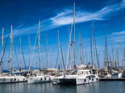 Port de plaisance avec de nombreux voiliers amarrés, leurs mâts se dressant sous un ciel bleu clair.